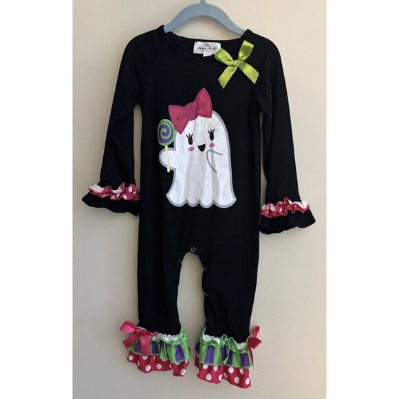 Marie Nicole Baby Black Ghost Appliqué Romper 18-24 Months Ruffles - Picture 1 of 10